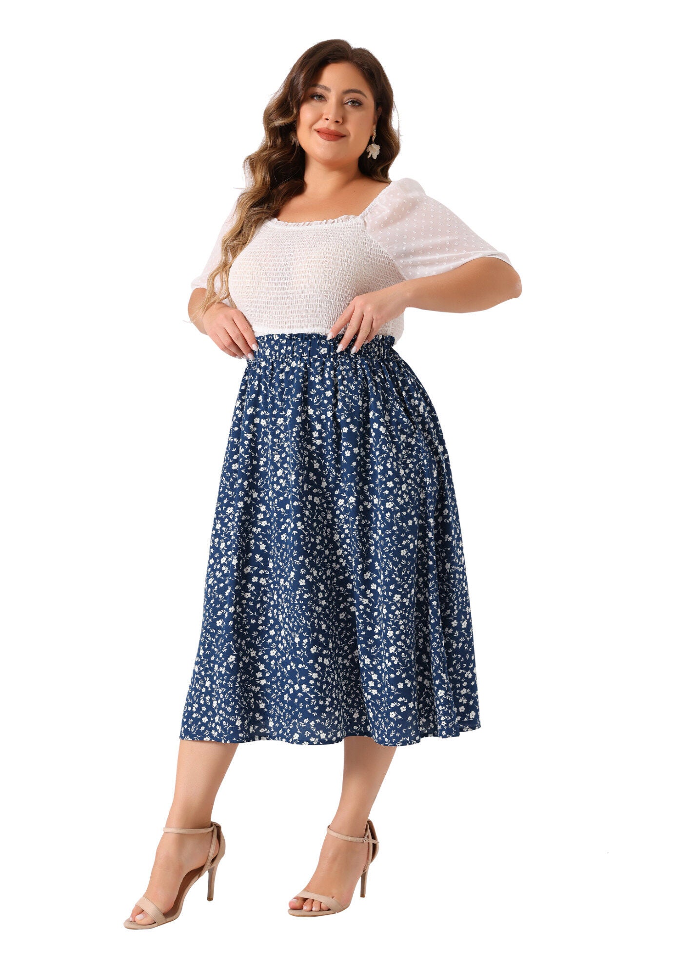 Printed Chiffon Elastic Waist Flowy Midi Skirt with Pockets, Navy Blue / Navy, hi-res image number 0