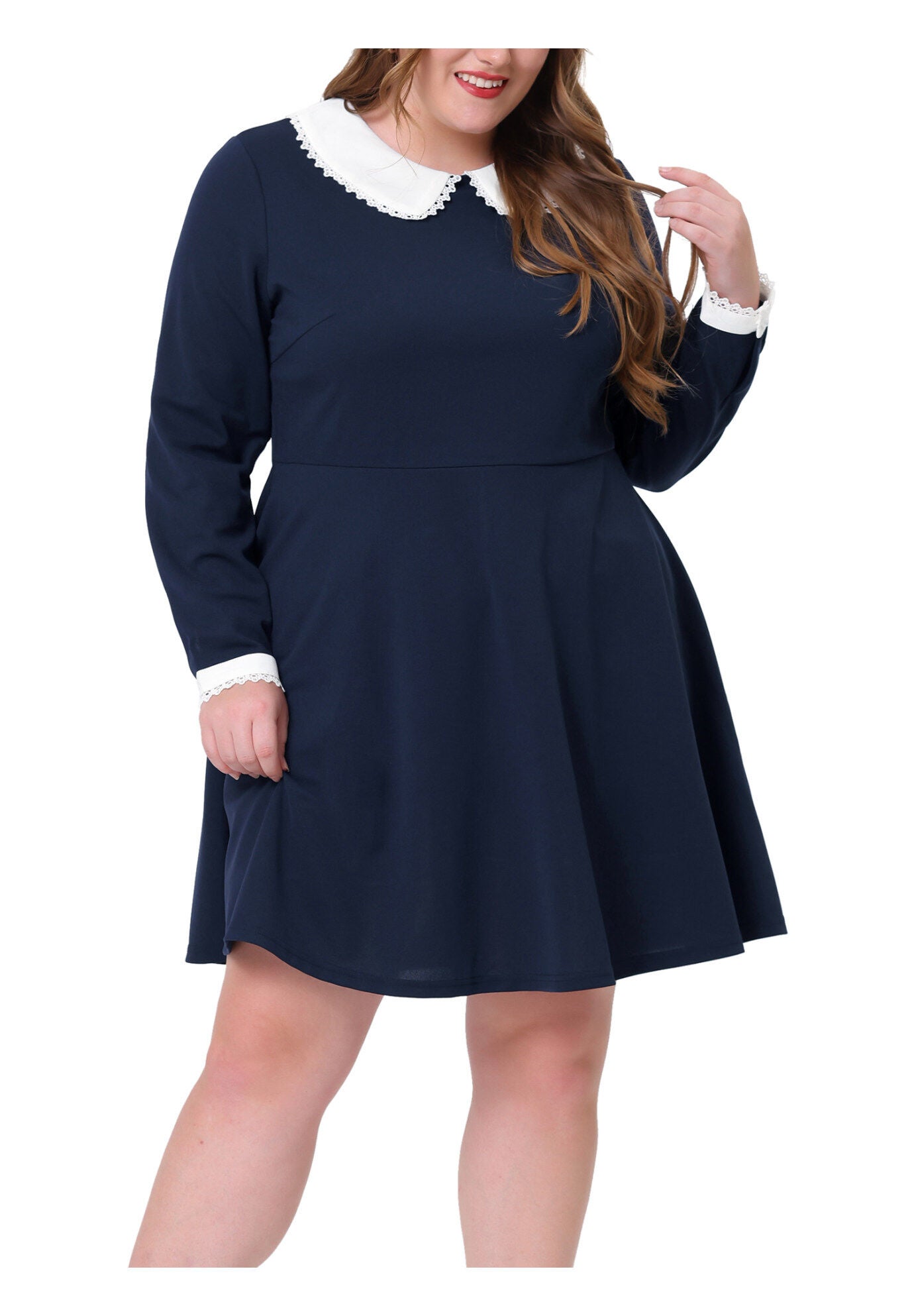 LONG SLEEVE DOLL PETER PAN COLLAR FLARE MIDI DRESS, Navy Blue / Navy, alternate image number 2