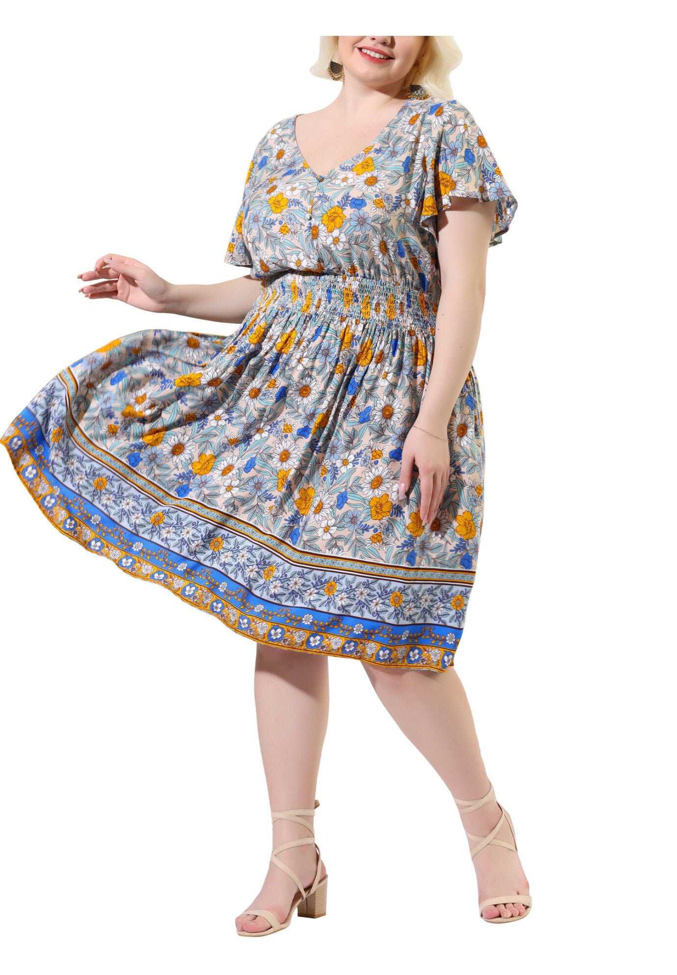 Placed Pattern Bohemian Smock Waist V Neck Summer Midi Dress, Beige / Beige, alternate image number 1