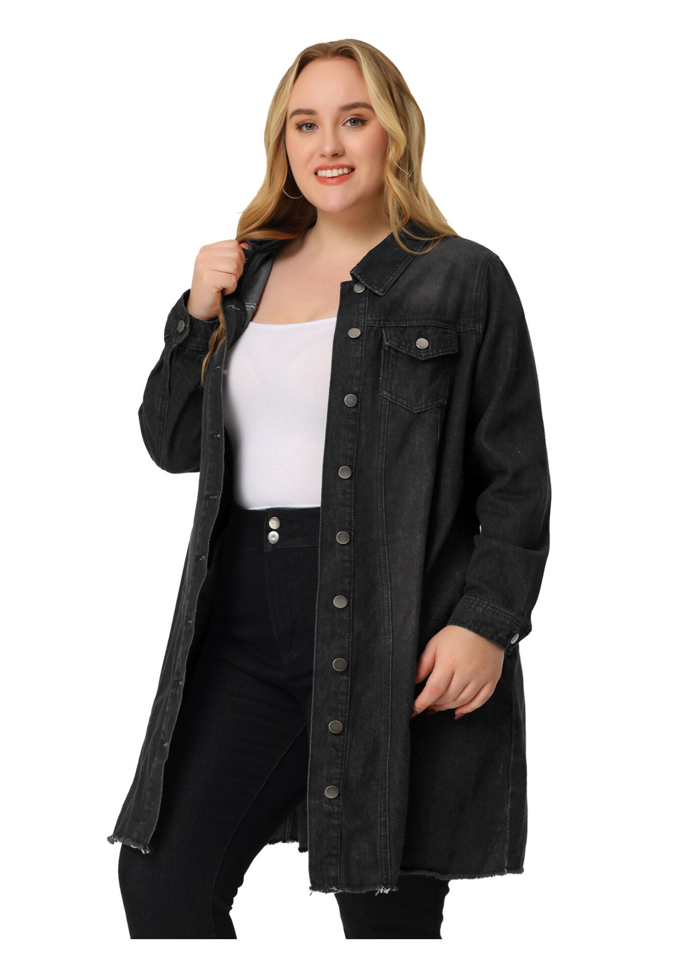 DISTRESSED BUTTON UP POCKET LONG DENIM JACKET, , hi-res image number 0