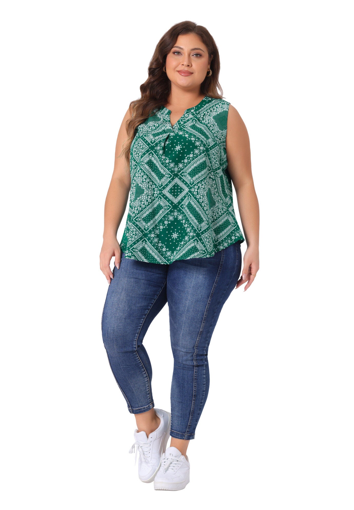 Sleeveless Floral Print V Neck Tunic Tank Top, Green / Forest Green, hi-res image number 0