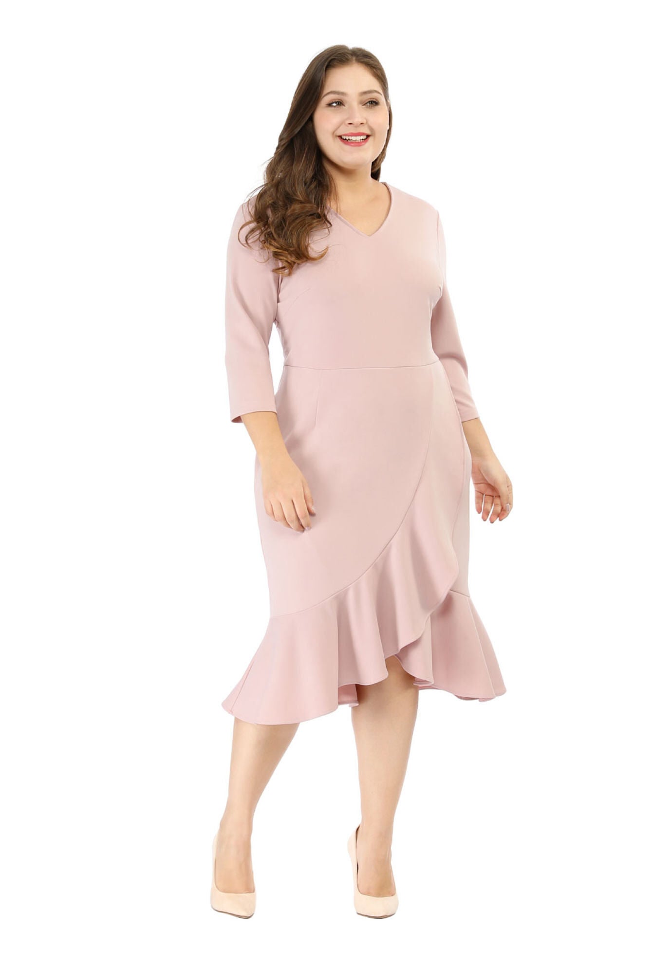 Ruffled 3/4 Sleeve Office Work Cocktail Wrap Dress, Pink / Pink, alternate image number 2