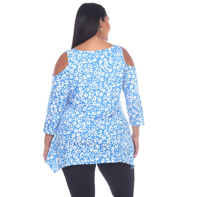 Leopard Cold Shoulder Tunic Top, Blue Leopard / Dusty Blue, alternate image number 1