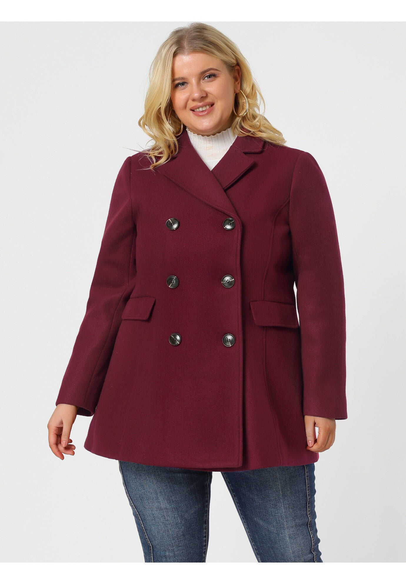 NOTCHED LAPEL DOUBLE BREASTED COAT, Burgundy / Red, hi-res image number 0