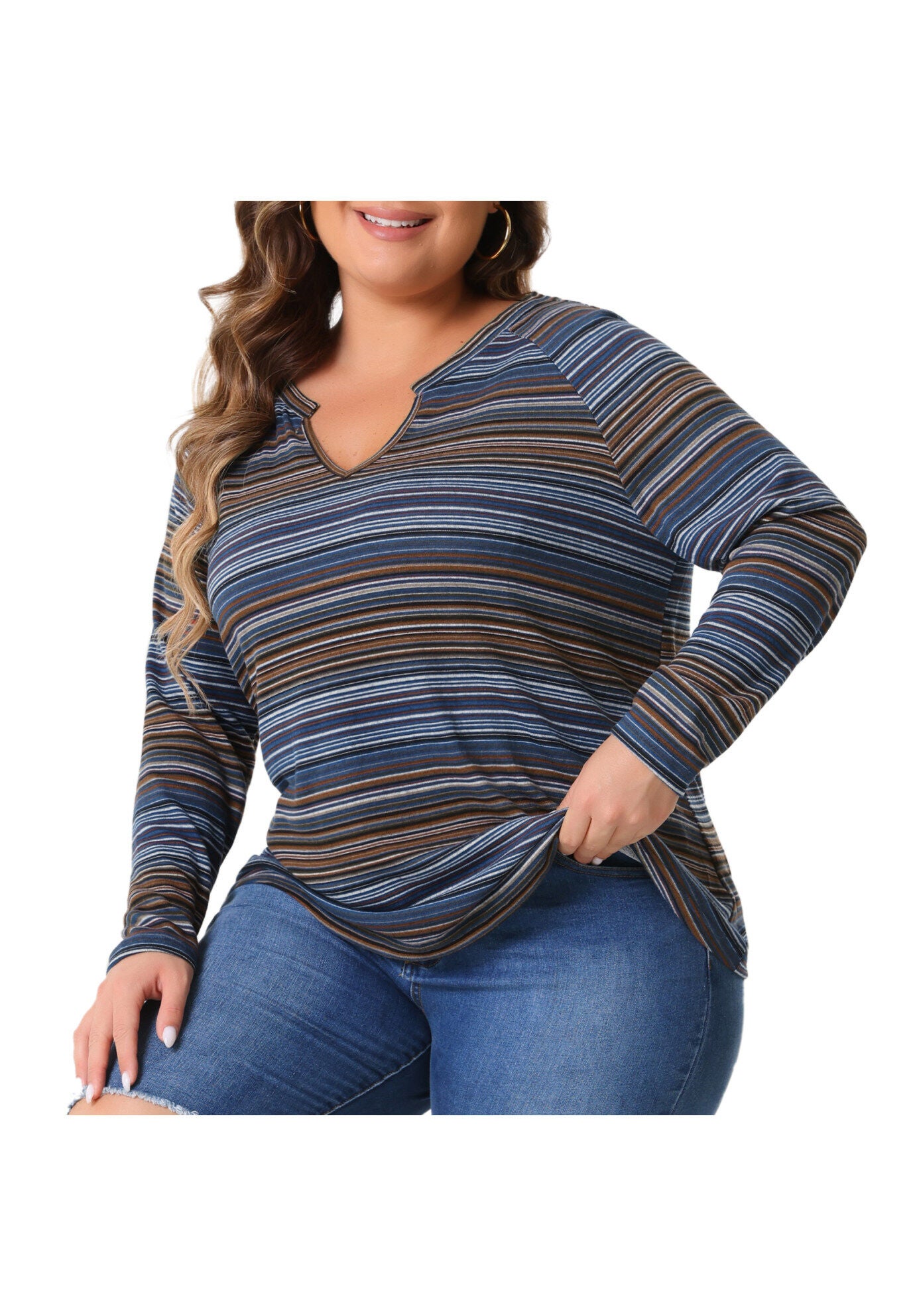 Long Sleeve T-Shirt Notch V Neck Blouse, Blue / Navy, alternate image number 2