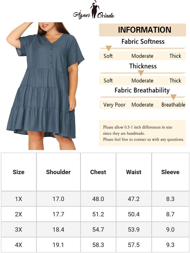 Button Down V Neck Knee Length Tiered Chambray Dress, Grey Black / Charcoal Grey, alternate image number 4