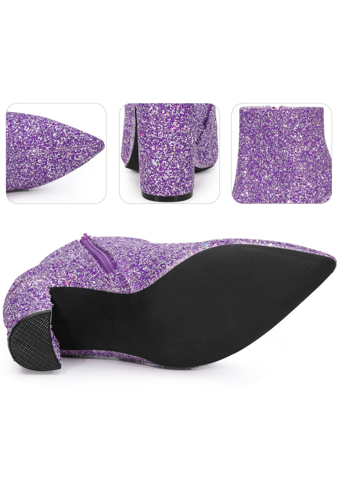 Glitter Pointed Toe Chunky Heels Sparkly Booties, Purple / Purple, alternate image number 2