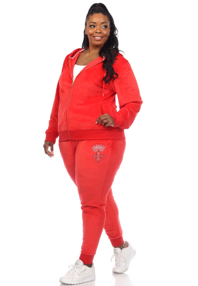 Rhinestone 2 Piece Velour Tracksuit Set, Red / Red, alternate image number null