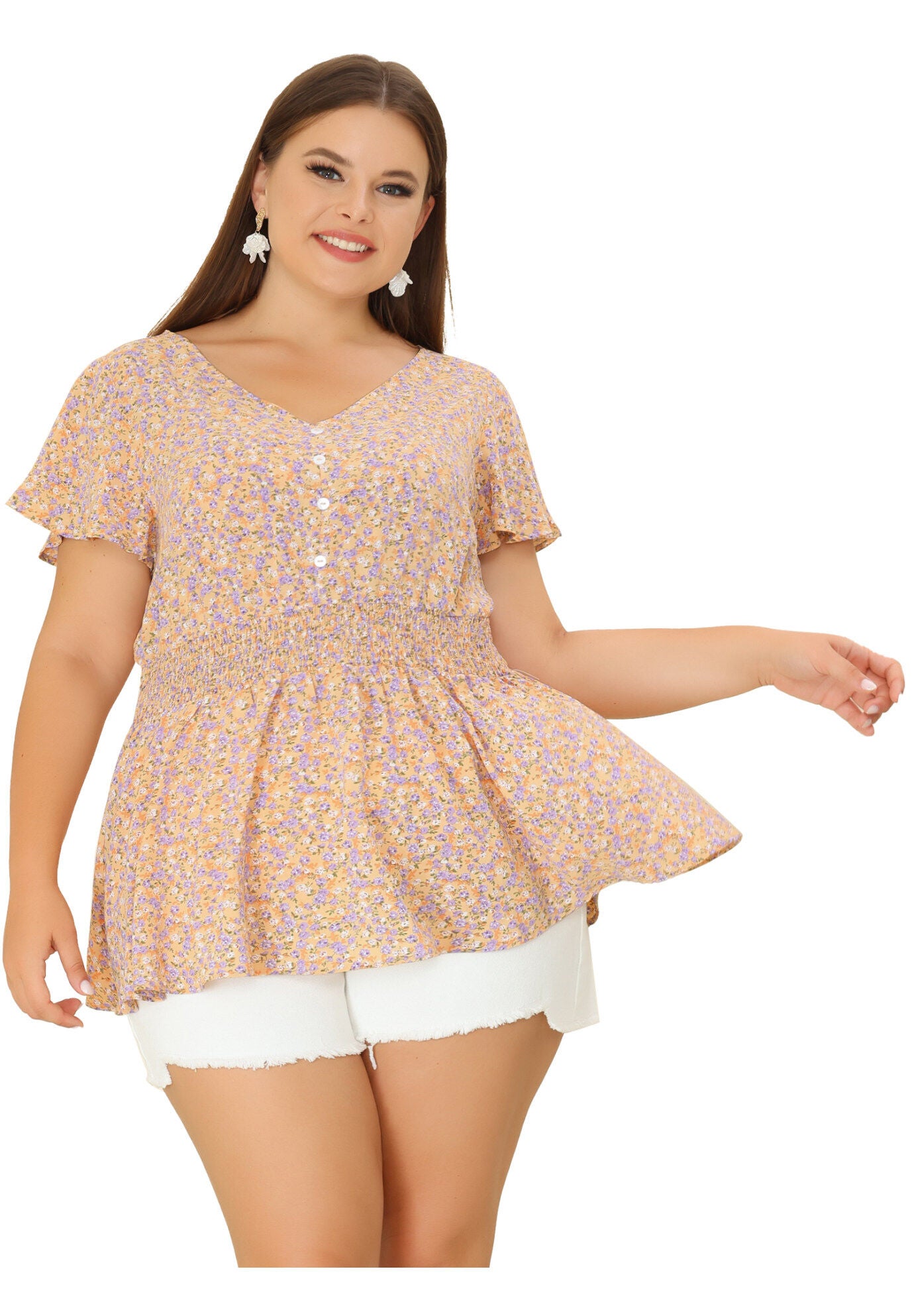 Button V Neck Smocked Waist Flare Short Sleeve Peplum Floral Blouse, Yellow / Yellow, hi-res image number 0