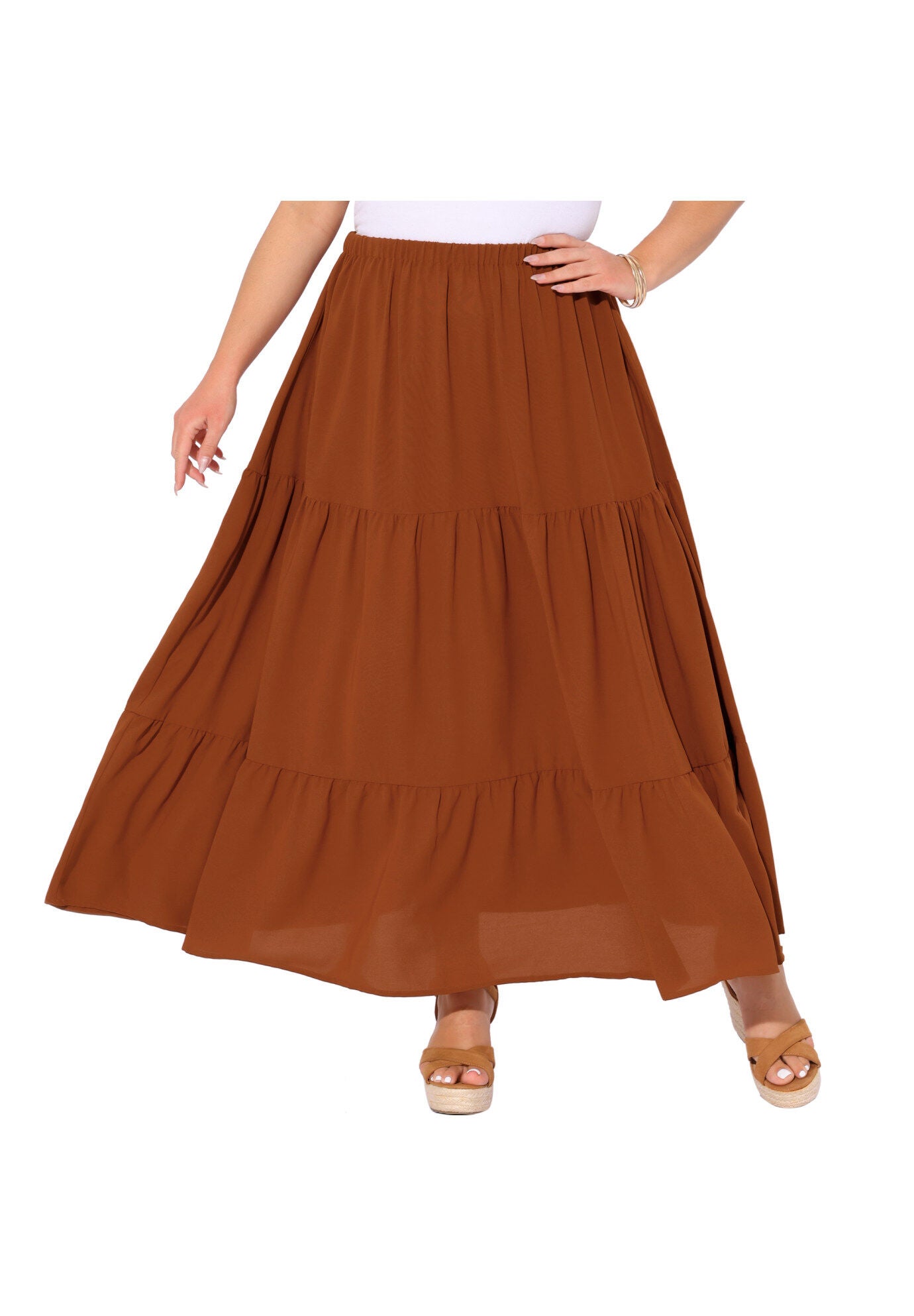 Elastic High Waist Boho Flowy A Line Long Swing Maxi Skirt, Caramel / Brown, alternate image number 2