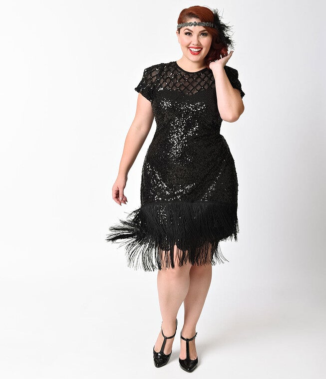 Unique Vintage 1920s Black Sequin Fringe Del Mar Flapper Dress, Black / Black, hi-res image number 0