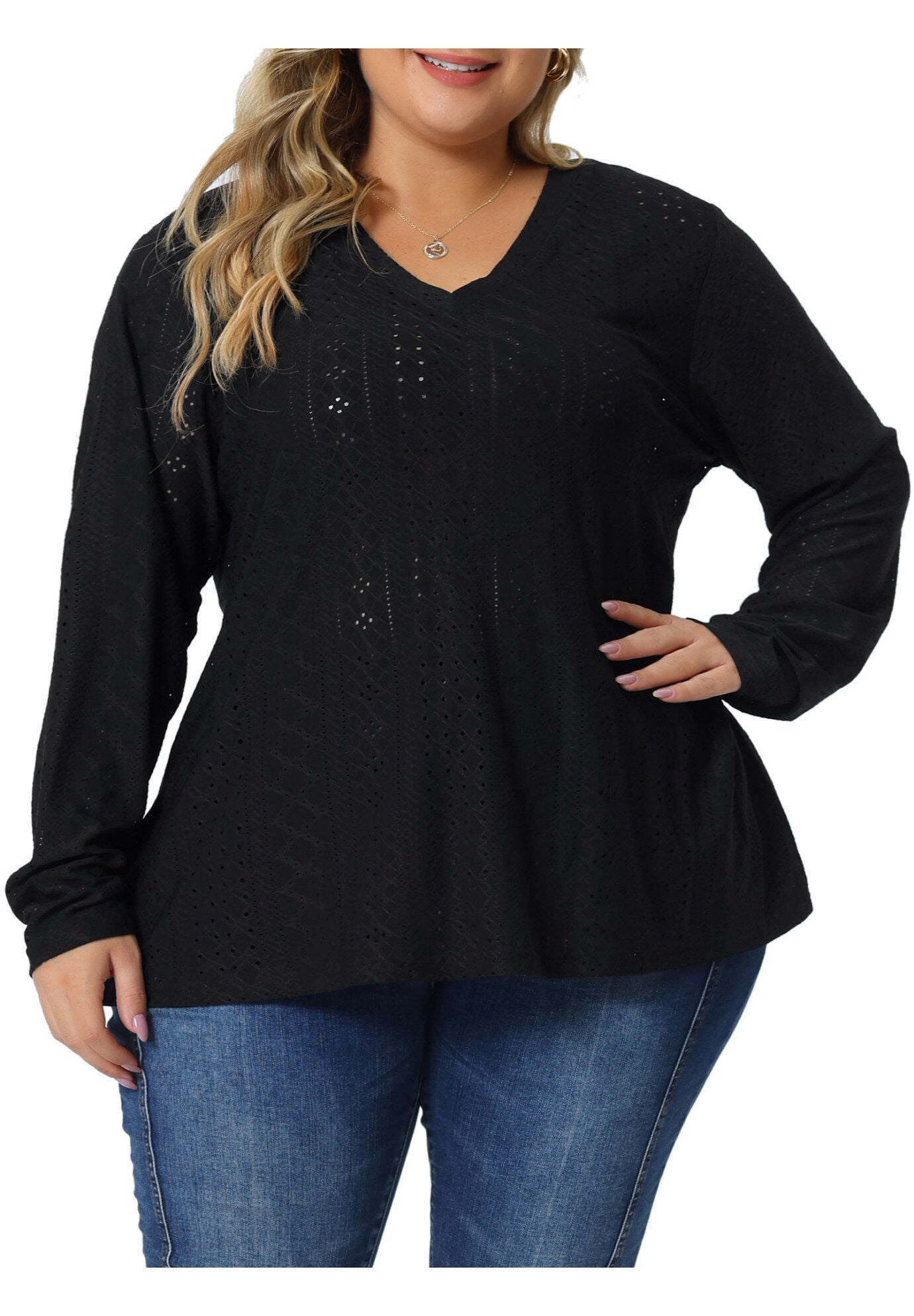 V Neck Long Sleeve Hollow Eyelet Top T-Shirt Tee, Black / Black, alternate image number 2