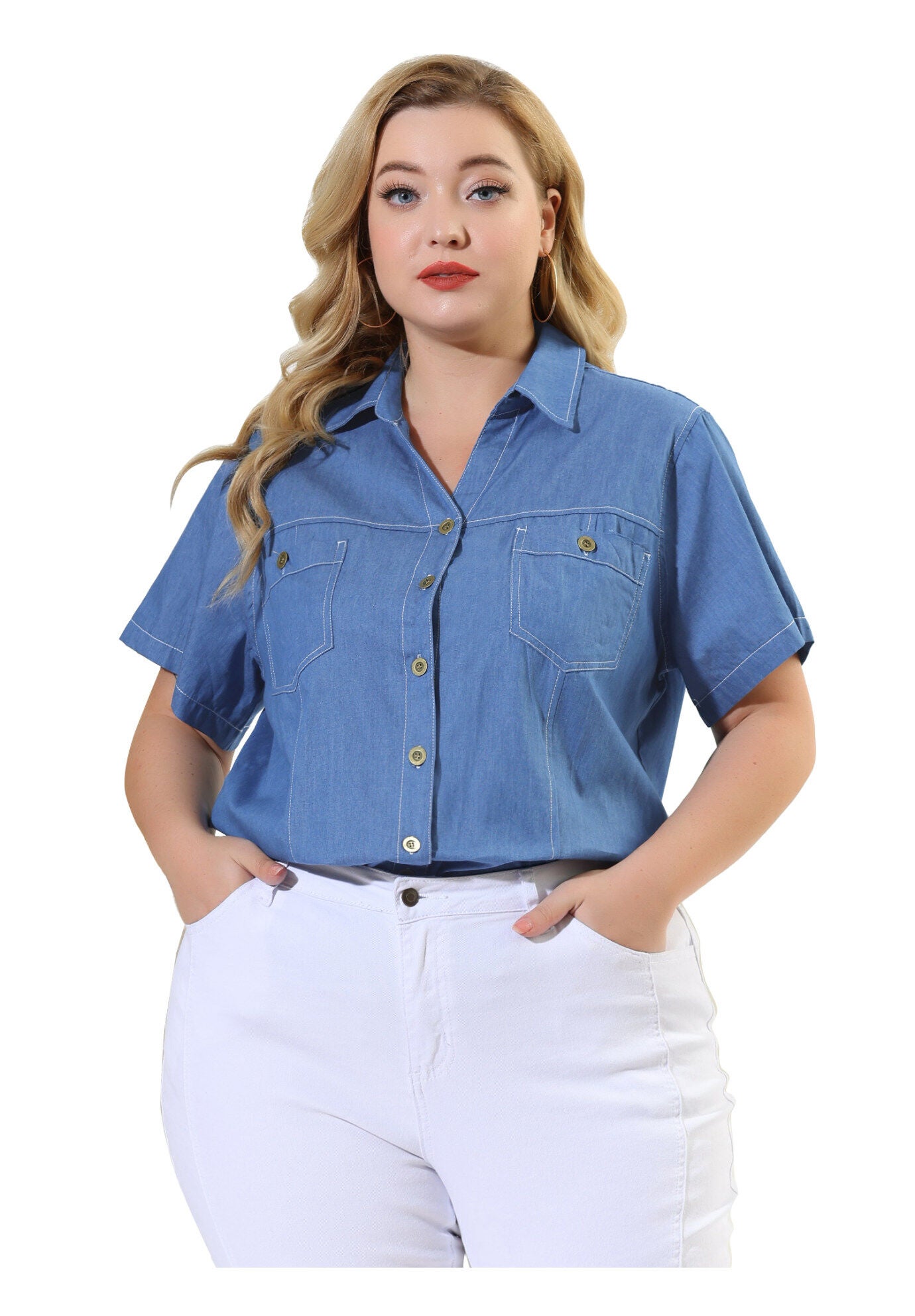 Short Sleeve Chambray Button Down Denim Shirt, Sky Blue / Light Blue, alternate image number 3