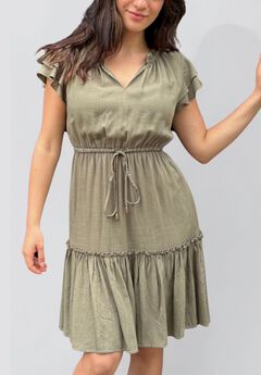 Annick- Mireille Short Dress Frilled Sleeves Tiered Tie Waist