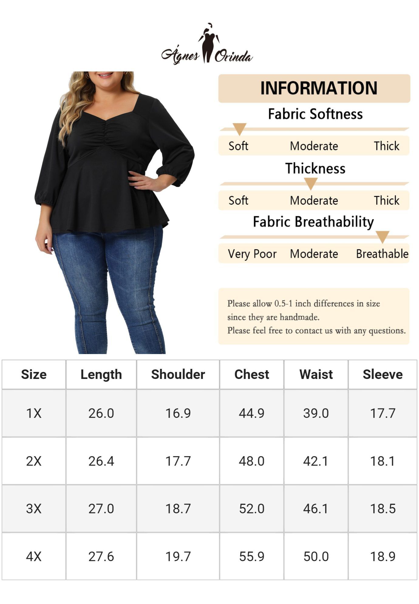 SWEETHEART V NECK ELBOW SLEEVE FRONT RUCHED PEPLUM BLOUSE, Black / Black, alternate image number 4