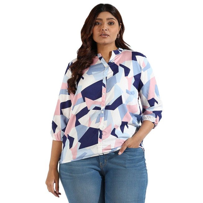 Women Graphic Design Stand Collar Shirts, White / White, hi-res image number null