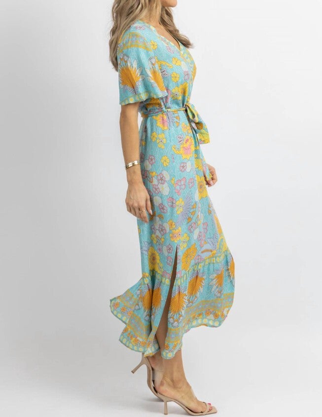 BUTTERFLY SLEEVE MIDI DRESS IN LIGHT BLUE FLORAL, Light Blue Floral / Light Blue, alternate image number null