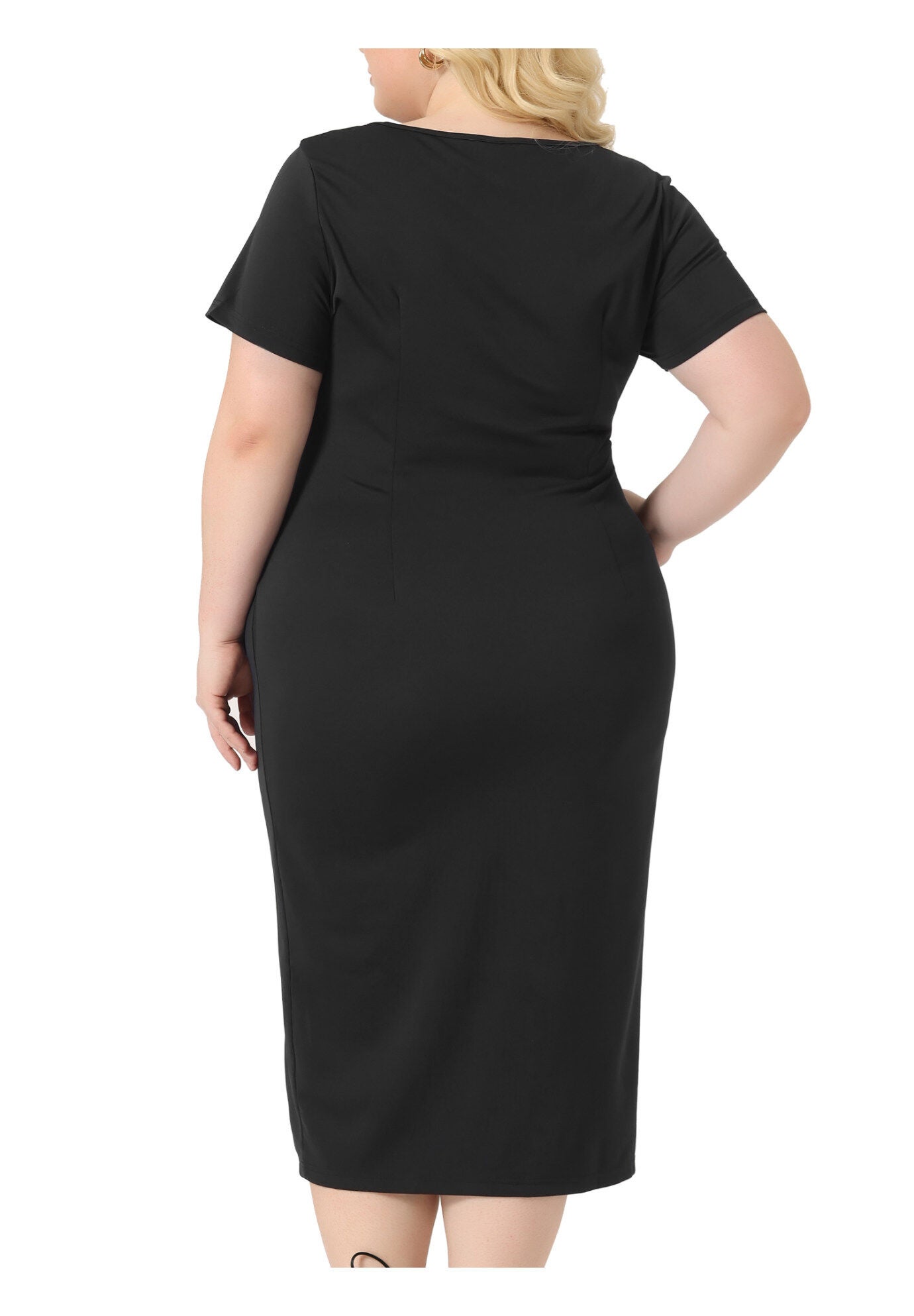 Round Neck Knot Front Short Sleeve Side Split Dress, Black / Black, alternate image number 3