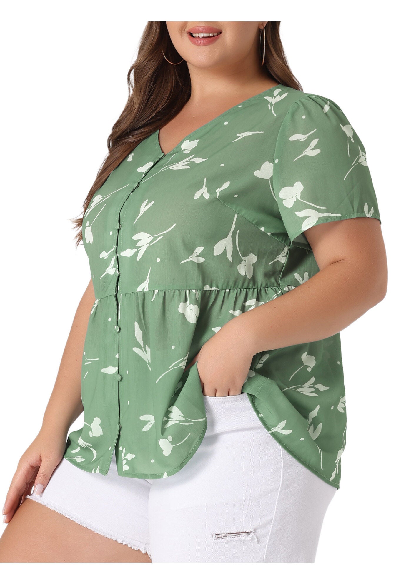Chiffon Shirt V Neck Ruffle Short Sleeve Floral Peplum Top, Green / Sage Green, alternate image number 3