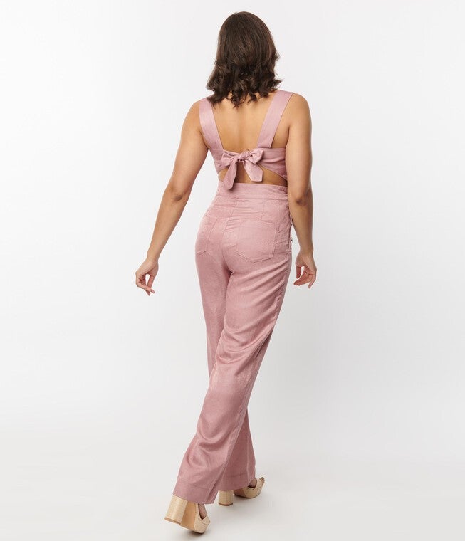 Unique Vintage Rose Chambray Tie Back Overalls, Pink / Pink, alternate image number 3