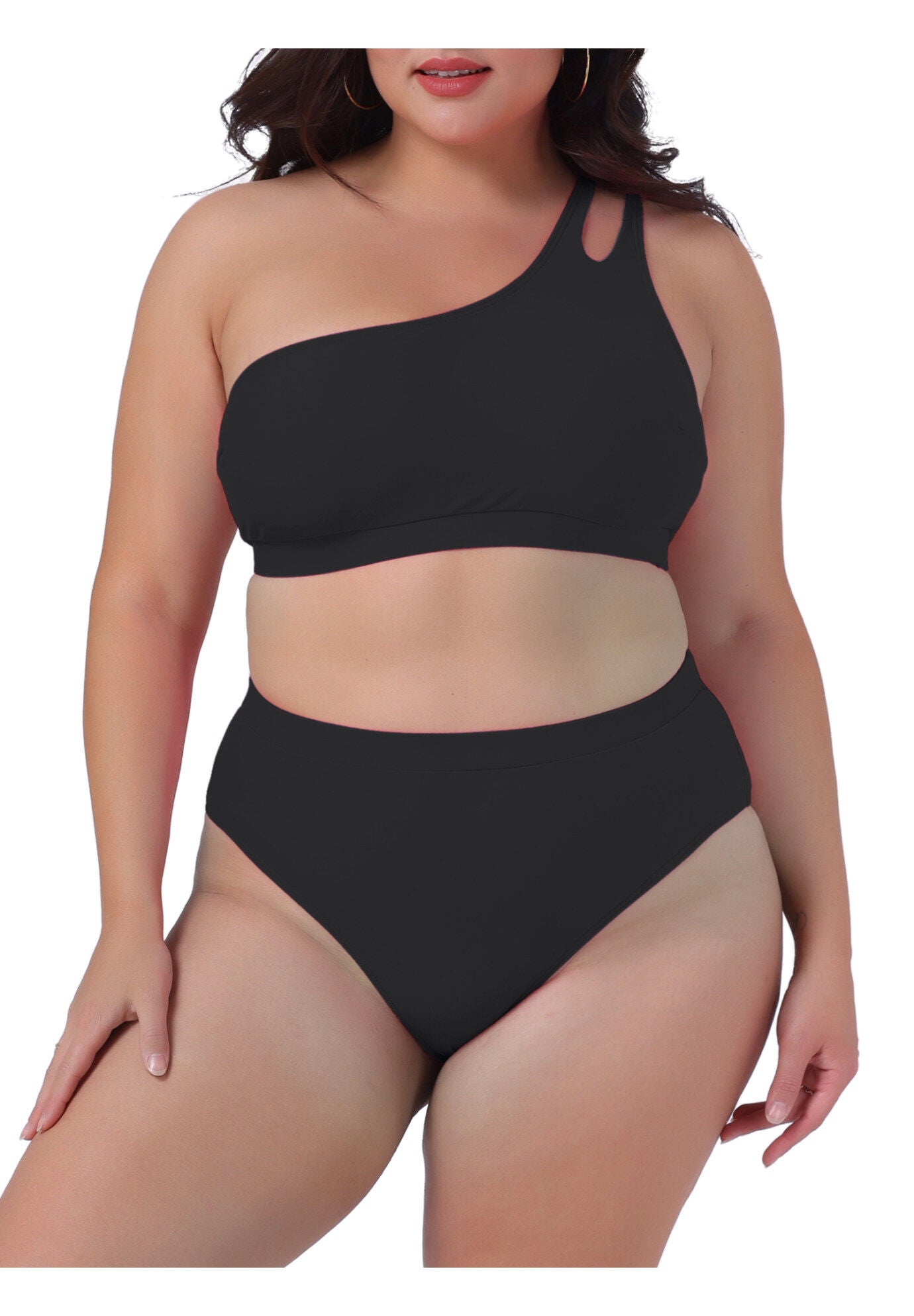 High Waisted Bikini Two Piece One Shoulder Keyhole Swimsuit, Black / Black, alternate image number 1