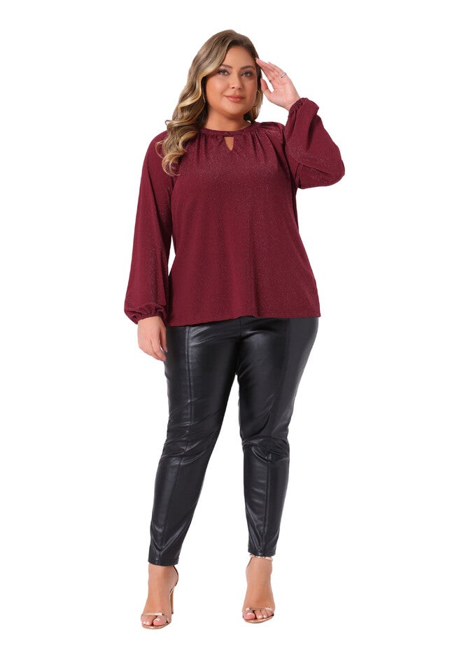 Sparkle Keyhole V Neck Cocktail Dressy Blouses, Burgundy / Burgundy, hi-res image number null