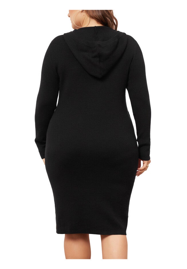 Long Sleeve Knit Pullover Hooded with Pocket Sweater Dress, Black / Black, alternate image number null