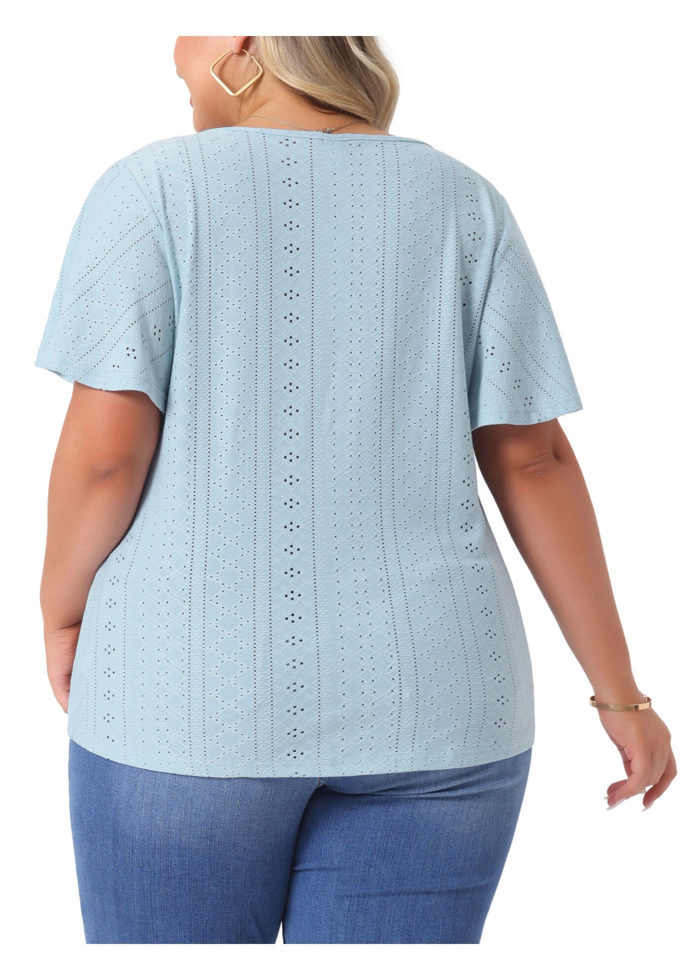 V NECK LOOSE FIT RUFFLE SLEEVE SUMMER HOLLOW TOP, Light Blue / Light Blue, alternate image number 3