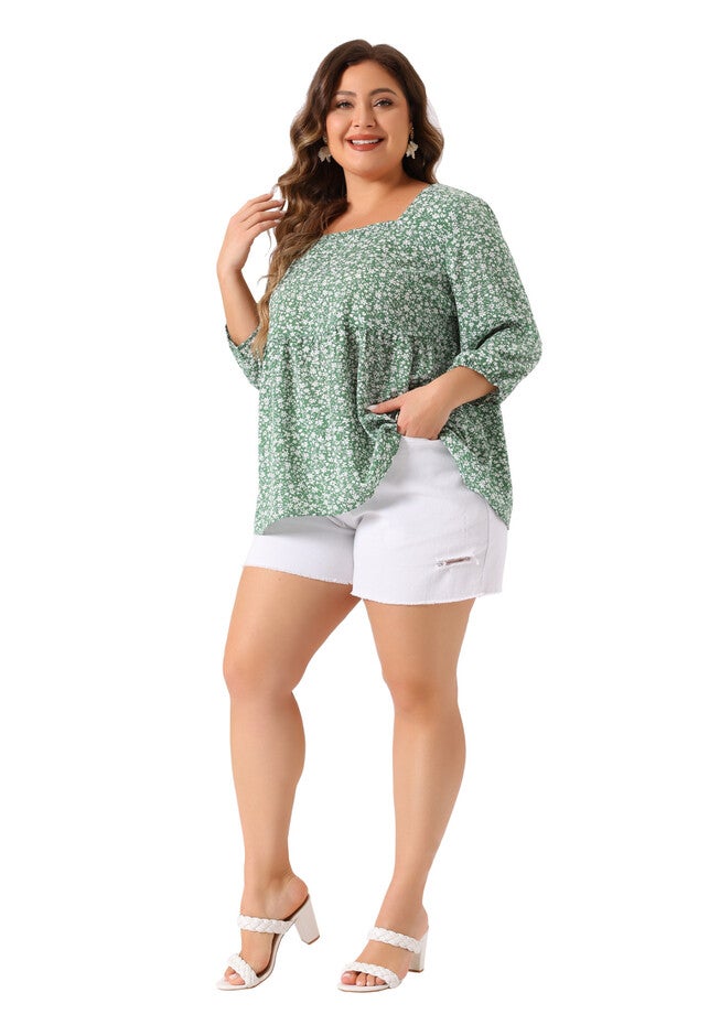 3/4 Sleeve Floral Peplum Babydoll Blouse, Green / Light Green, hi-res image number 0