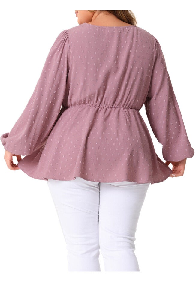 Textured Keyhole Cut Out Long Sleeve Swiss Dots Babydoll Peplum Blouse, Pink / Mauve, alternate image number null