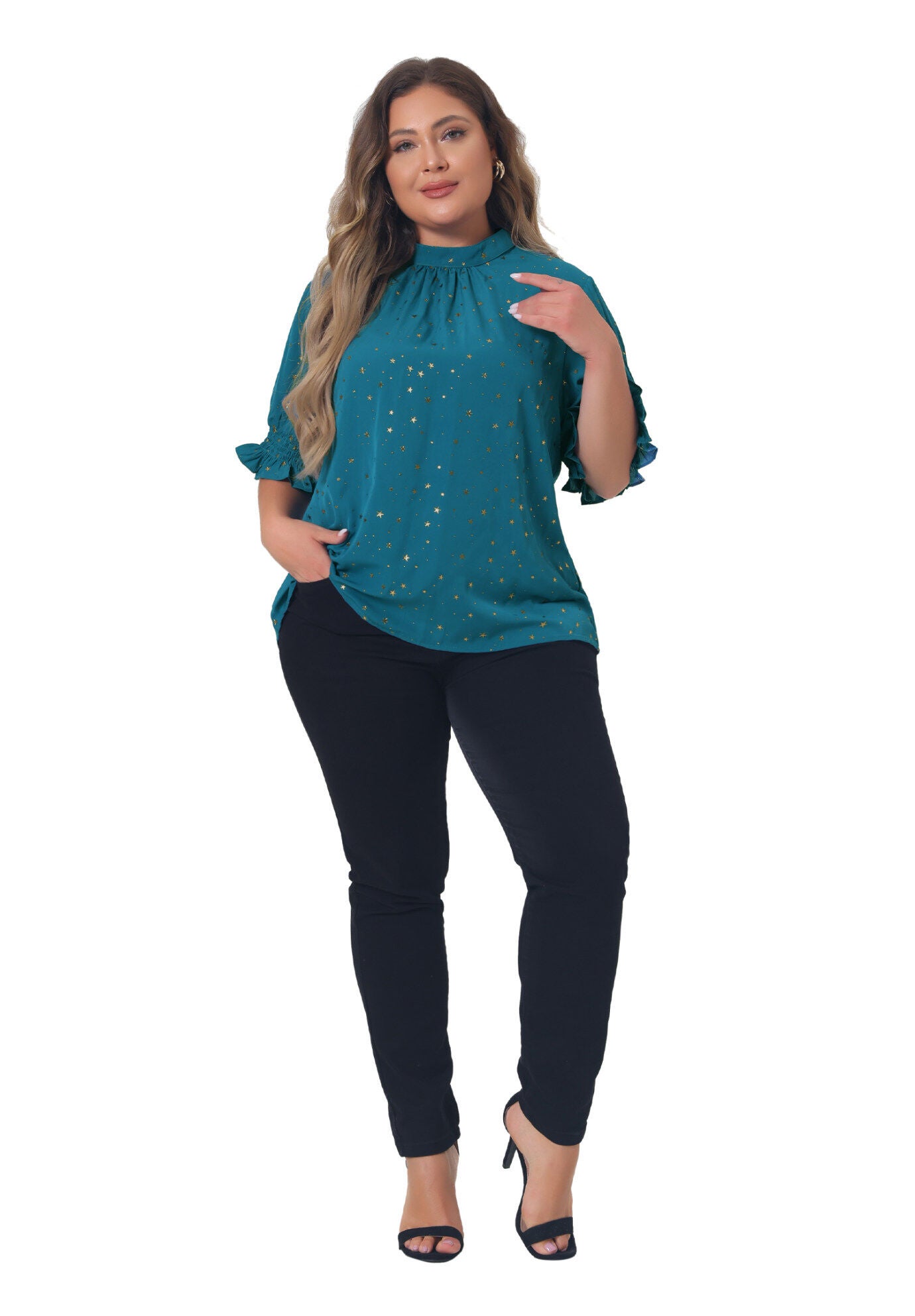 Pleated Mock Neck Star Print Puff Sleeve Blouse Top, Blue / Azure Blue, hi-res image number 0