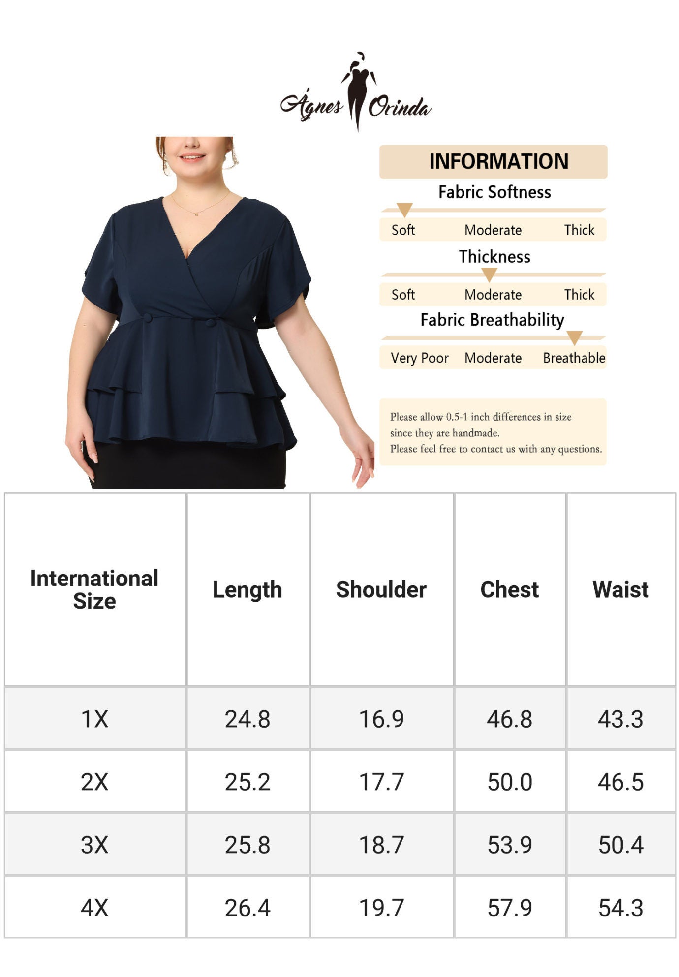 Work V Neck Ruffle Hem Buttons Front Peplum Top, Navy Blue / Navy, alternate image number 4