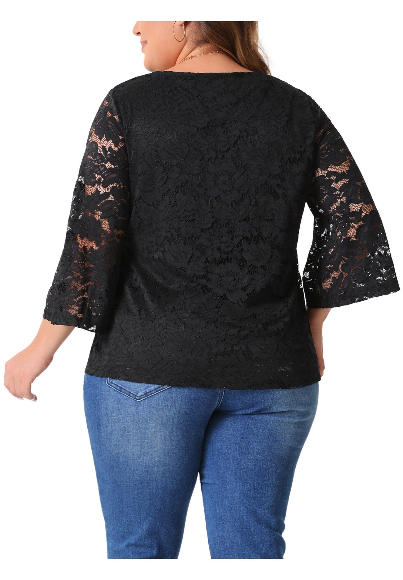 3/4 Bell Sleeve V Neck Elegant Floral Lace Blouse, Black / Black, alternate image number 2