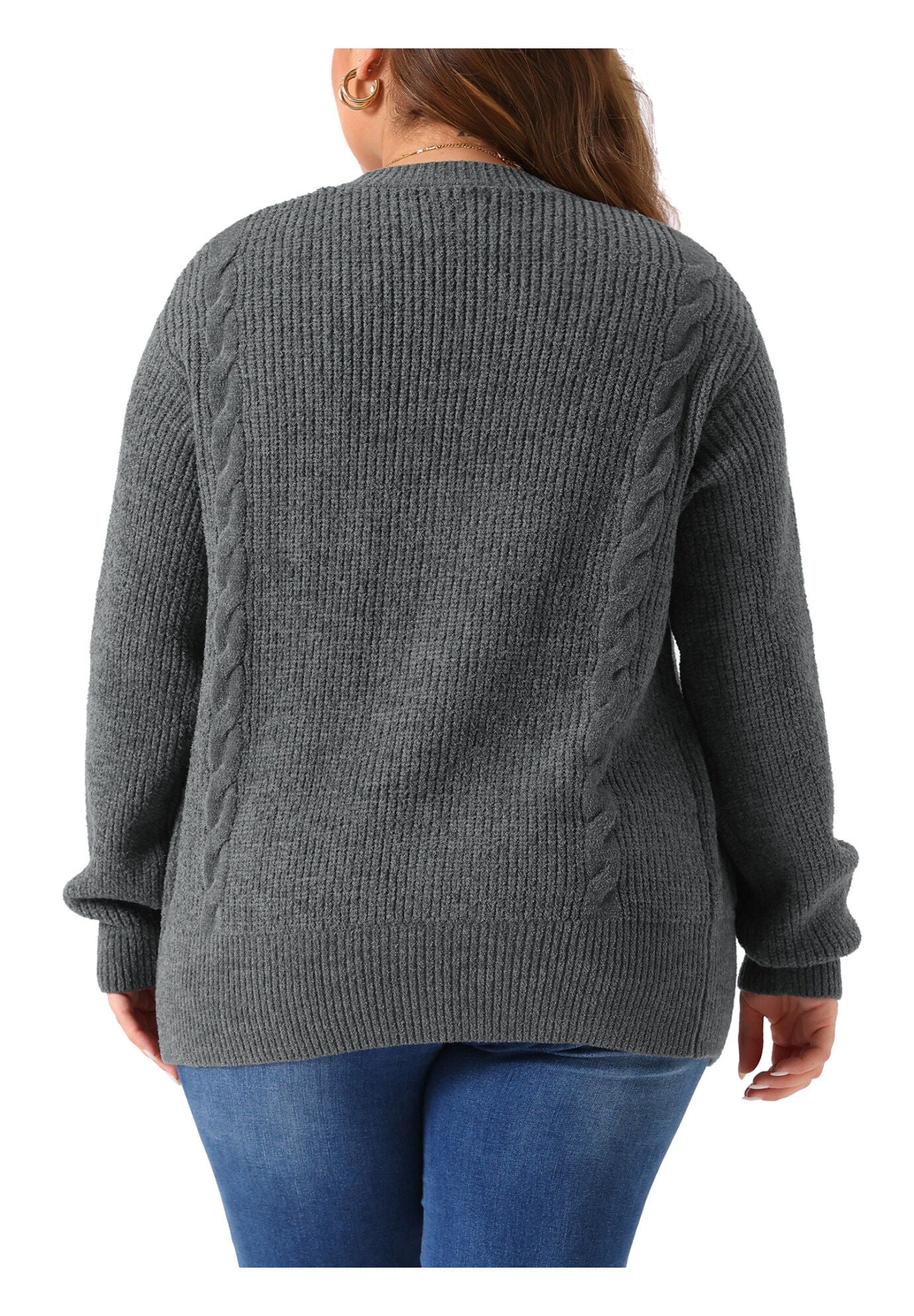 Long Sleeve Crew Neck Knit Cardigan Sweaters with Pockets, Gray / Charcoal Grey, alternate image number 3