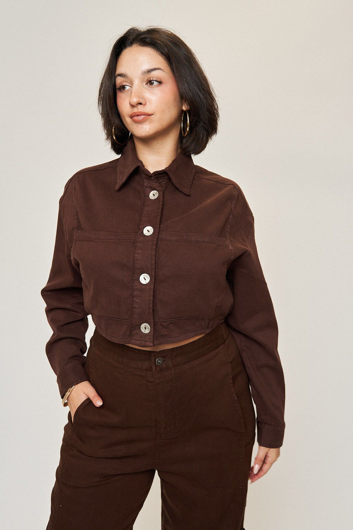 Drew Cotton Tencel Crop Jacket, Espresso / Brown, hi-res image number 0