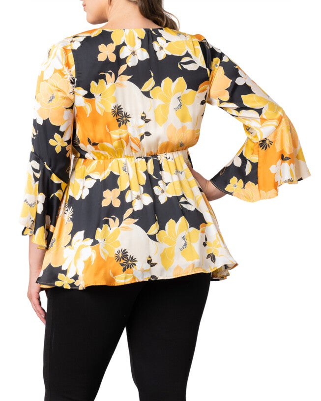 Honey Satin Bell Sleeve Top, SUNSET BLOOMS / Yellow, alternate image number 2