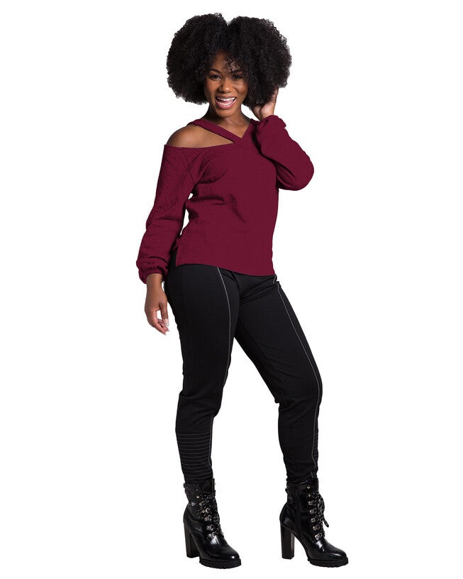 Della Women's V Self Straps Off Shoulder Long Sleeve Top, Sunset / Burgundy, alternate image number 3
