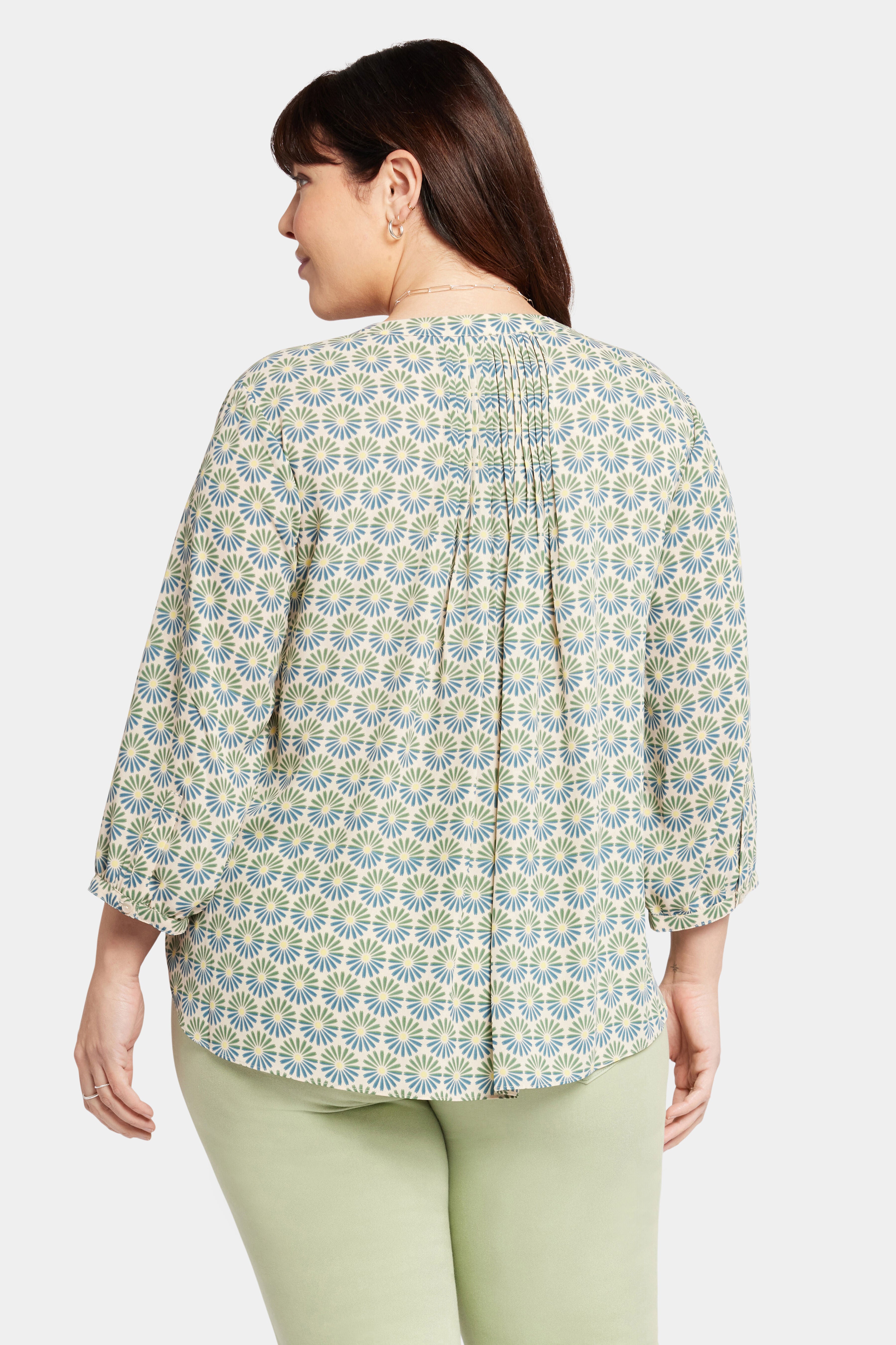 Pintuck Blouse, Blue Blossoms / Light Green, alternate image number 1