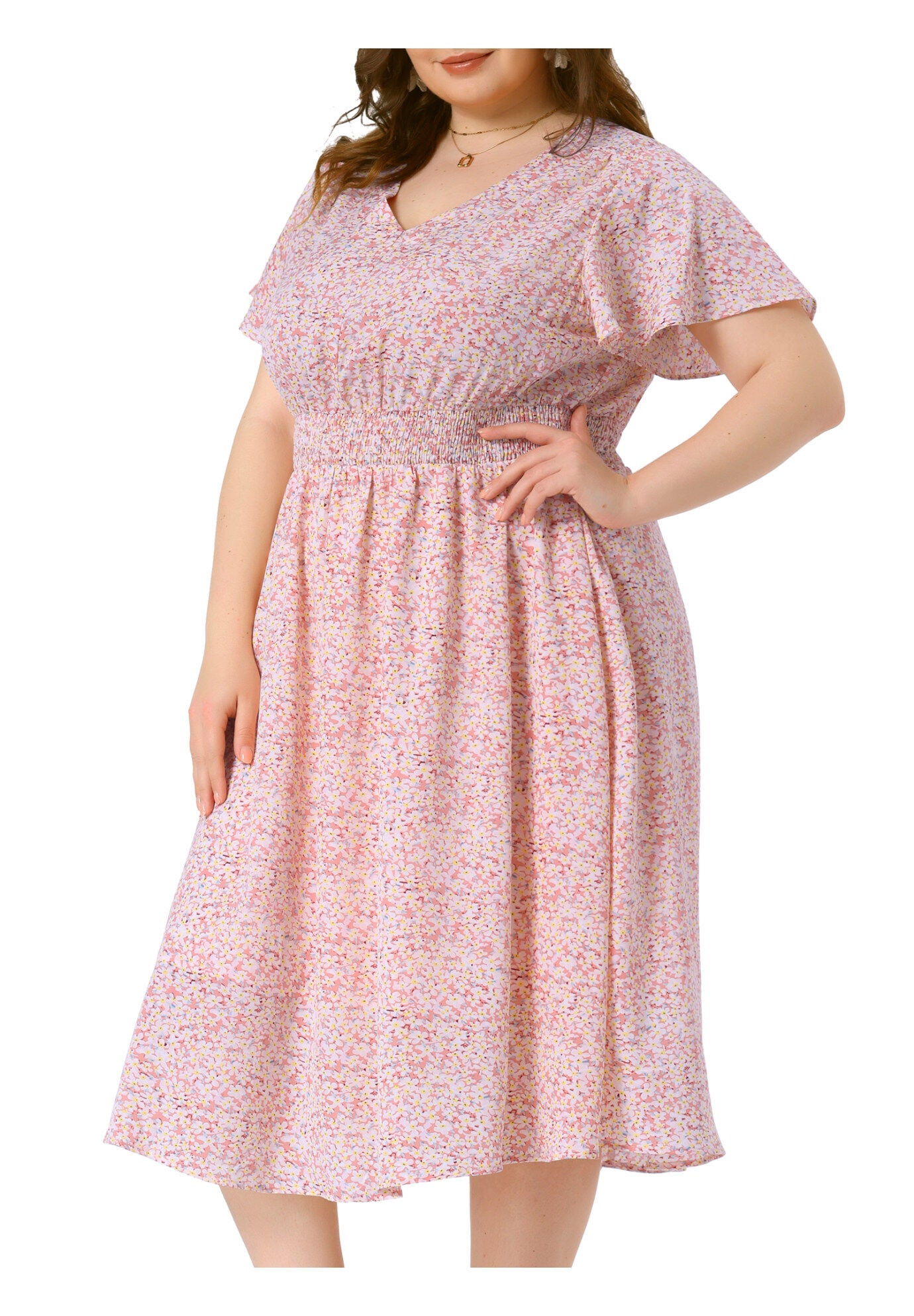 Summer Floral Print V Neck Smocked A-Line Flowy Midi Dress, Pink / Pink, alternate image number 1