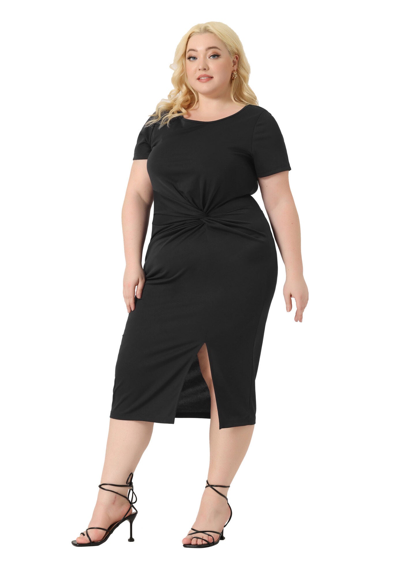 Round Neck Knot Front Short Sleeve Side Split Dress, Black / Black, hi-res image number 0