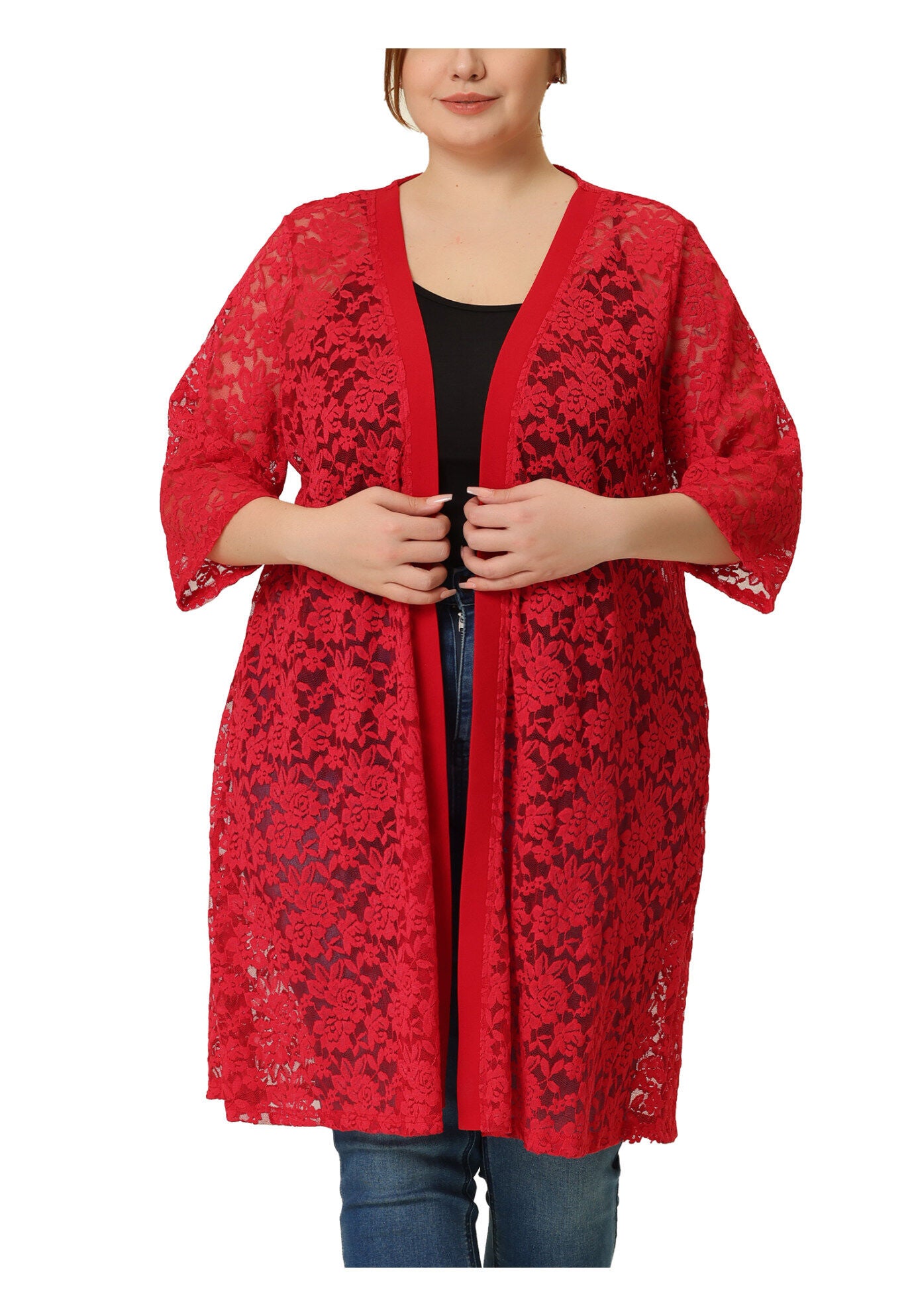 LACE CROCHET 3/4 SLEEVE COVER UP CARDIGAN, Red / Red, alternate image number 1