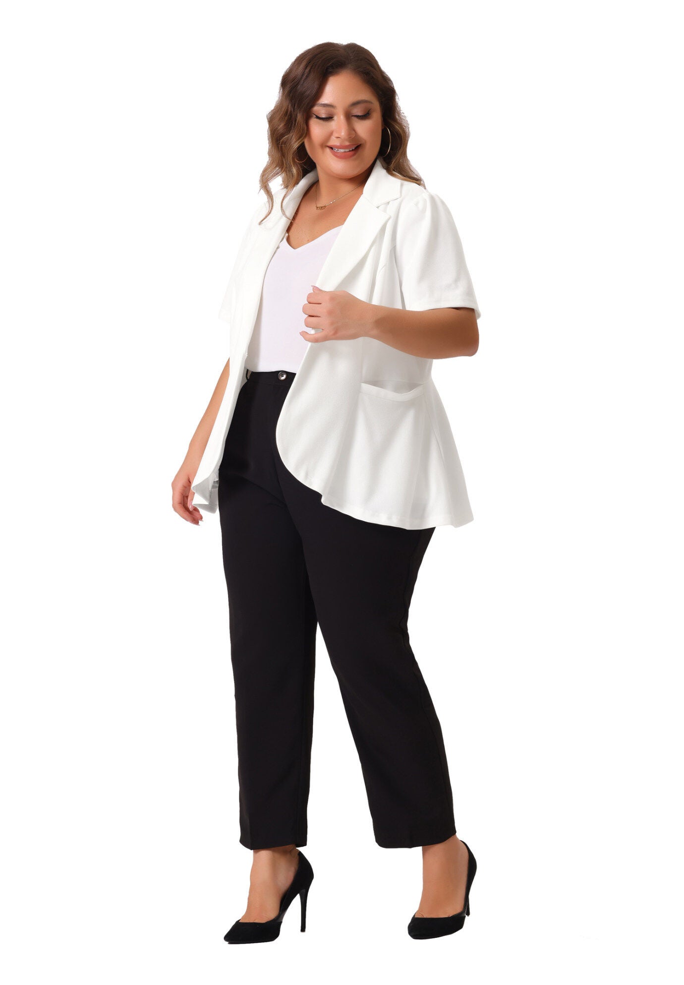 SHORT SLEEVE BUTTON BUSINESS SUIT BLAZER, White / White, hi-res image number 0