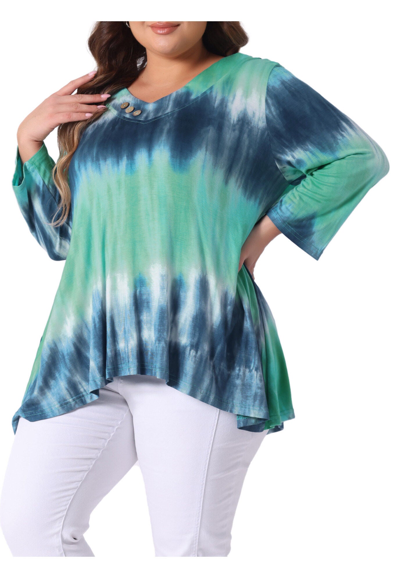 Elbow 3/4 Sleeve Loose Fit Tie Dye Tunic Top, Blue Green / Turquoise, alternate image number 1