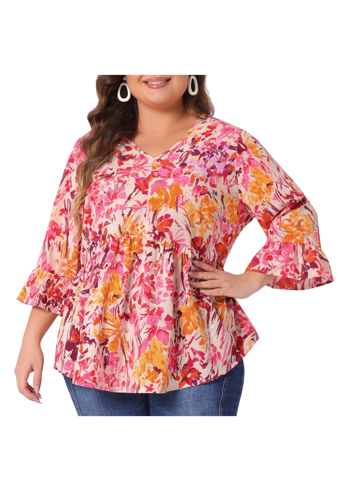 Floral V Neck Ruffle Sleeve Babydoll Peplum Blouse, Orange Pink / Orange, alternate image number 1