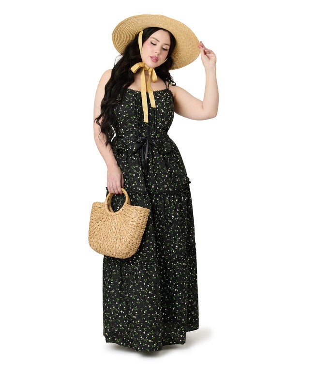Smak Parlour Plus Size Black Ditzy Floral Shirred Tiered Maxi Dress, Black / Black, hi-res image number 0