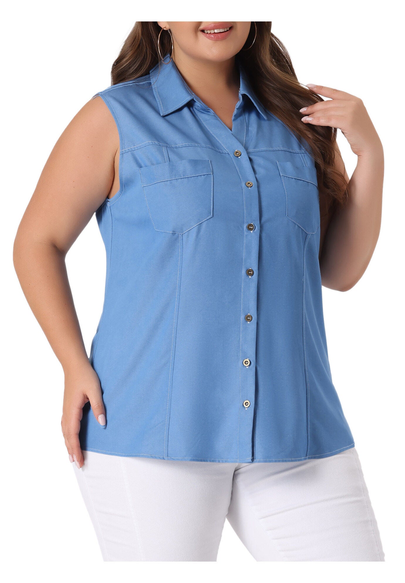 Sleeveless Button Down Shirt Chambray Top, Sky Blue / Light Blue, alternate image number 1