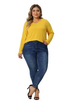 CROSS V NECK LONG SLEEVES T-SHIRT TOP