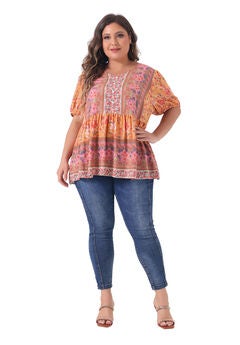 Boho Floral Print V Neck Peplum Loose Blouse