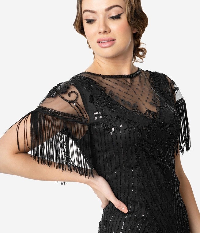 Unique Vintage 1920s Black Beaded Fringe Sleeve Nadine Flapper Dress, Black / Black, alternate image number 3