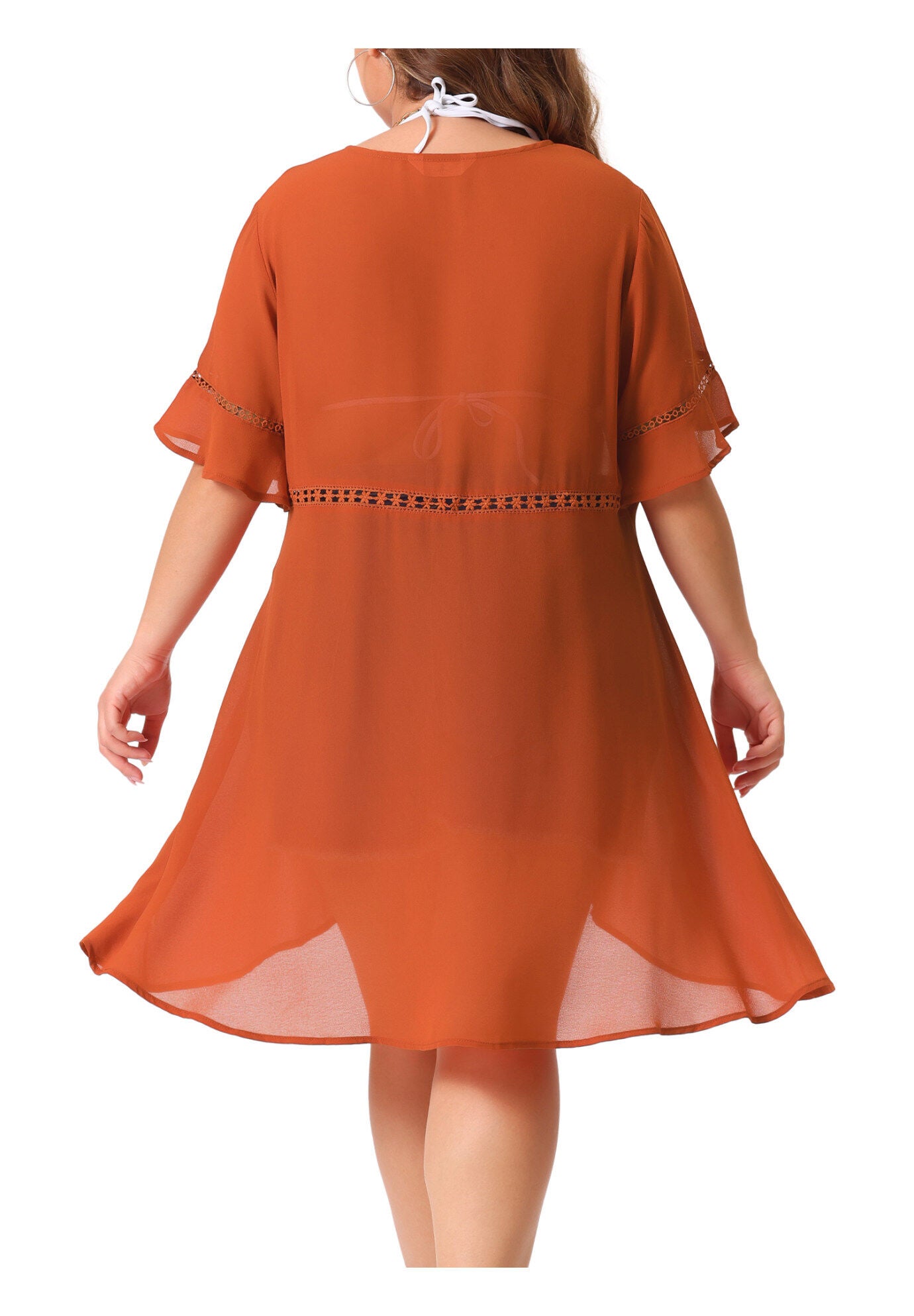 BIKINI COVER UP SHORT SLEEVE TASSEL TIE WAIST KIMONO, Caramel / Brown, alternate image number 3